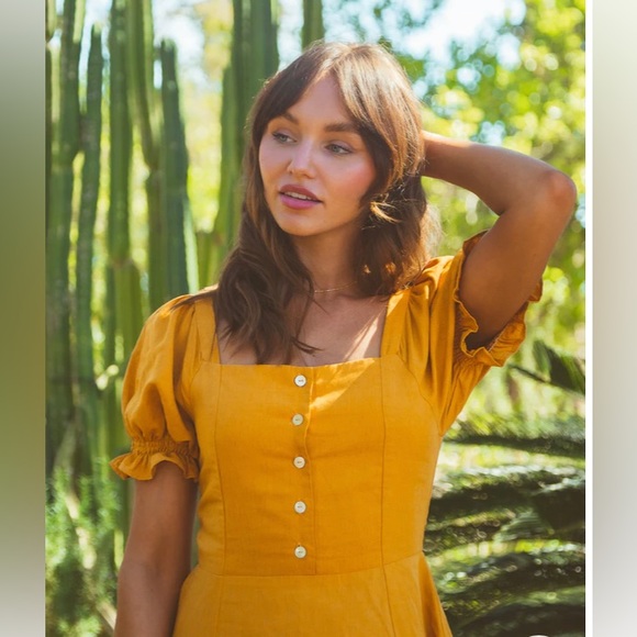 Cyndy Mini Dress Marigold Tamga Designs Yellow European Flax Linen Sustainable - Picture 2 of 6